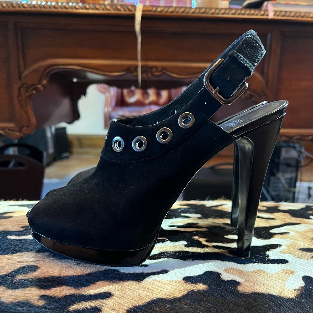 Stuart Weitzman Black Peep -Toe Slingback Stilettos